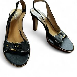 Franco Sarto Buckle Leather Black Heel Sandals 10M